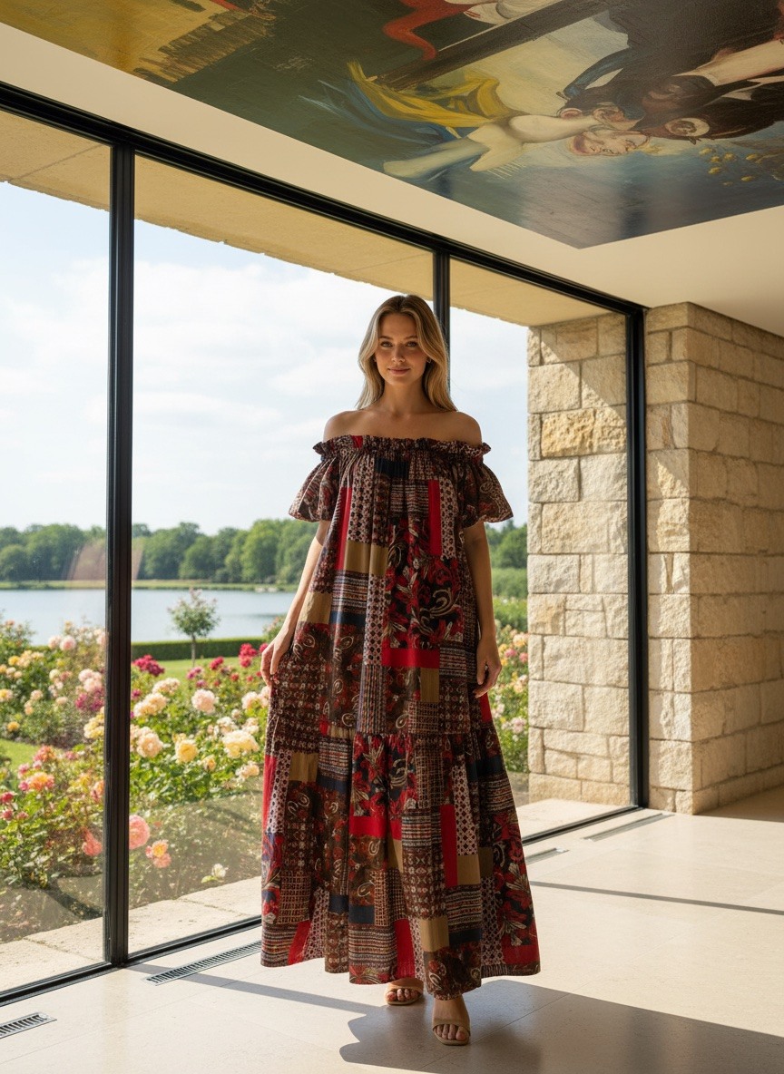 Grossiste LAFÉEROSE - Robe en coton Maxi Patchwork - Style Bohème avec doublure