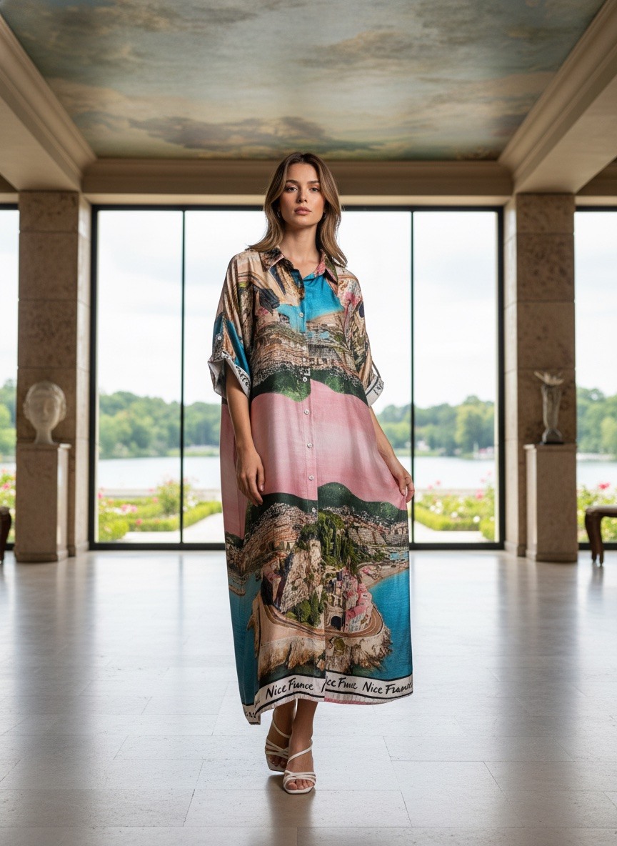 Großhändler LAFÉEROSE - Langes Hemdkleid mit Riviera-Print Nizza Frankreich