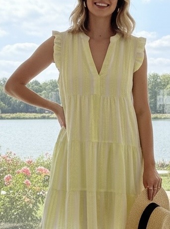 Mayorista LAFÉEROSE - Vestido de longitud media en una gasa de algodón V -mangas recogidas de cuello -bohemio