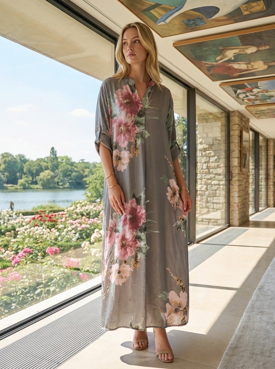 Grossista LAFÉEROSE - Abito lungo 100% in fiori stampati con viscosa fluidi maniche lunghe