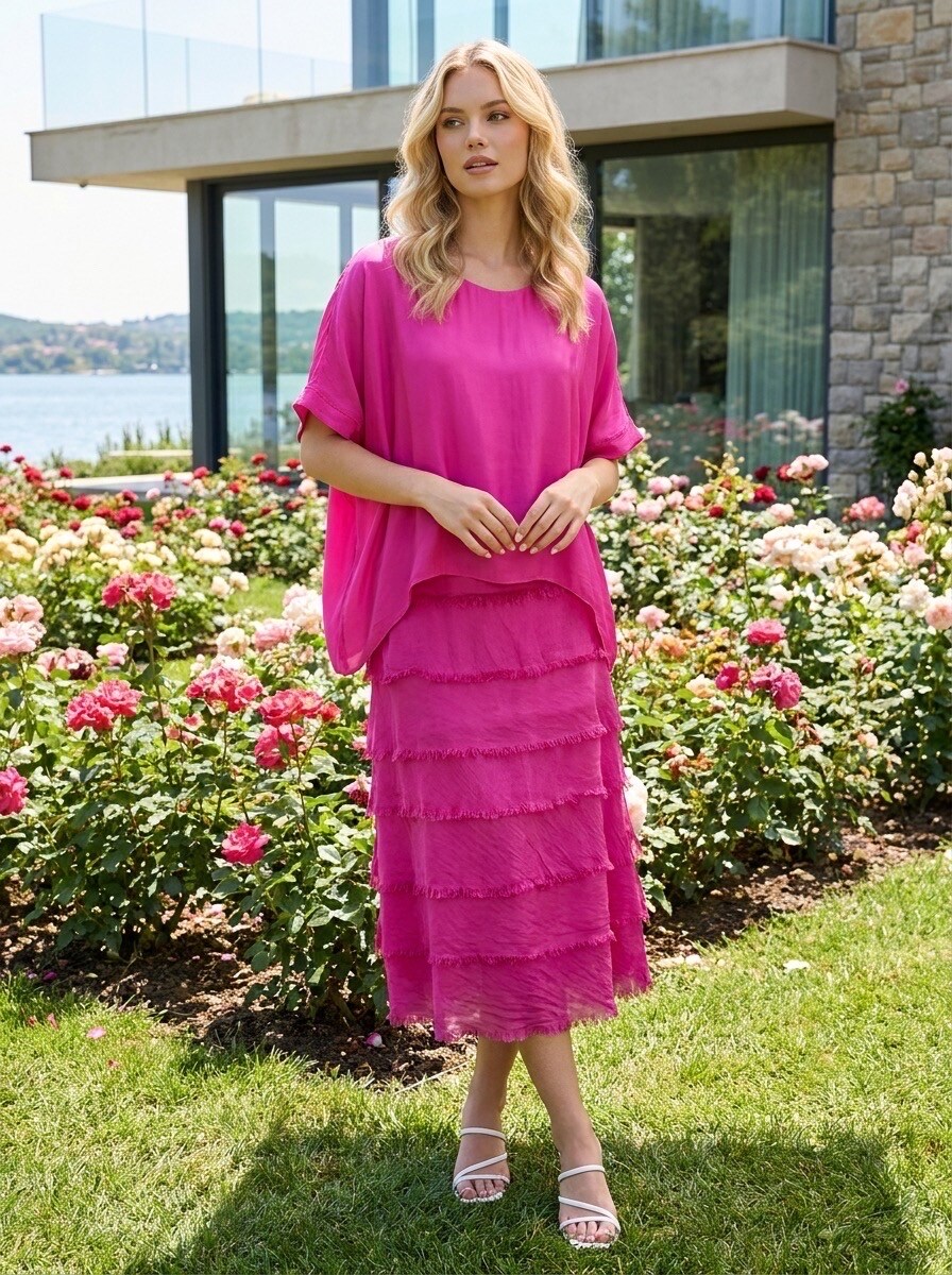 Mayorista LAFÉEROSE - Vestido Túnica Bimaterial con Volantes Deshilachados