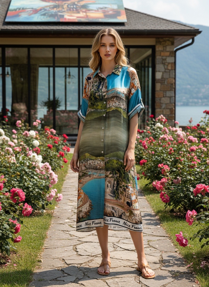Großhändler LAFÉEROSE - Langes Hemdkleid mit Riviera-Print Nizza Frankreich