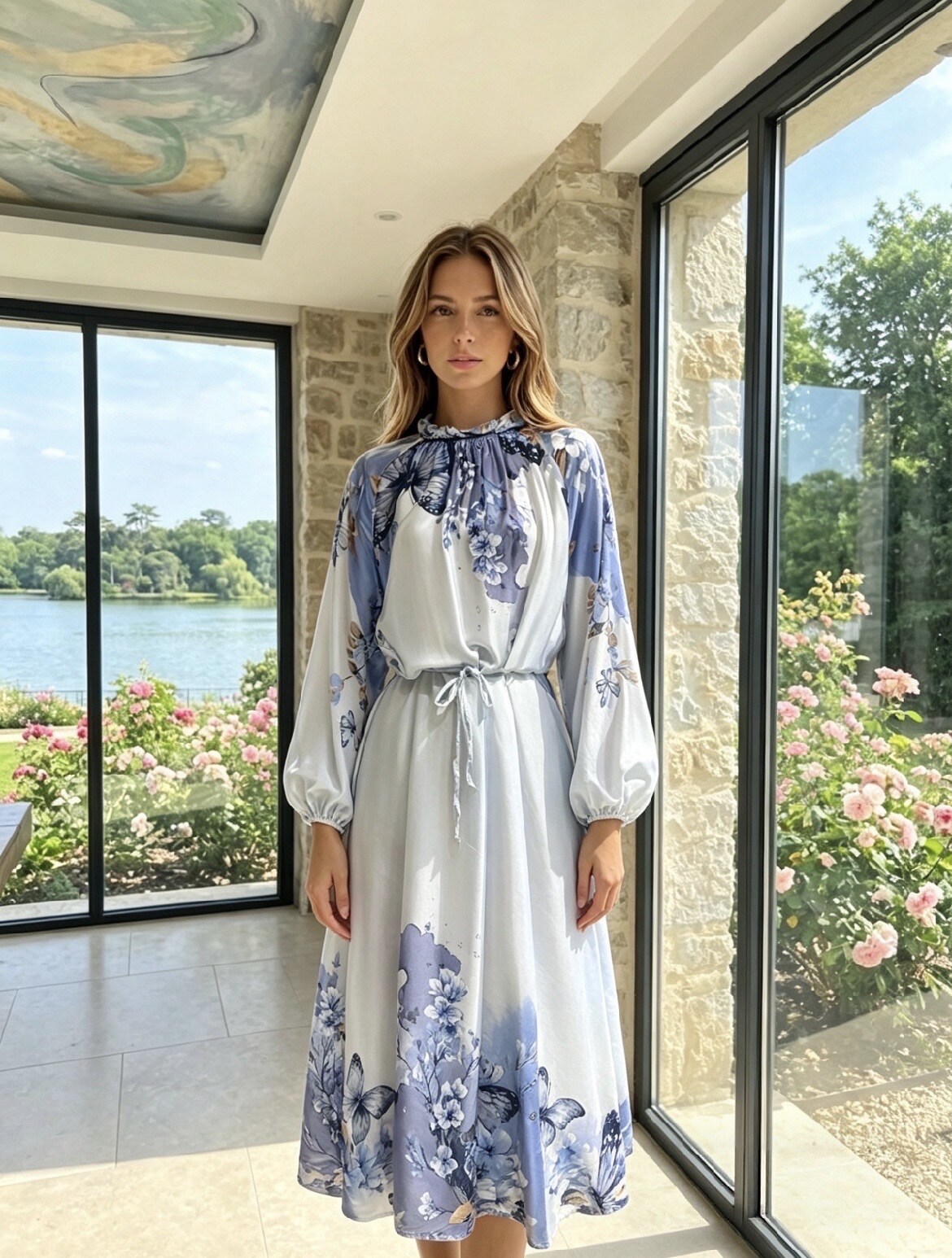 Grossiste LAFÉEROSE - Robe longue 100% viscose fluide satiné imprimé fleurs et papillons - romantiqu