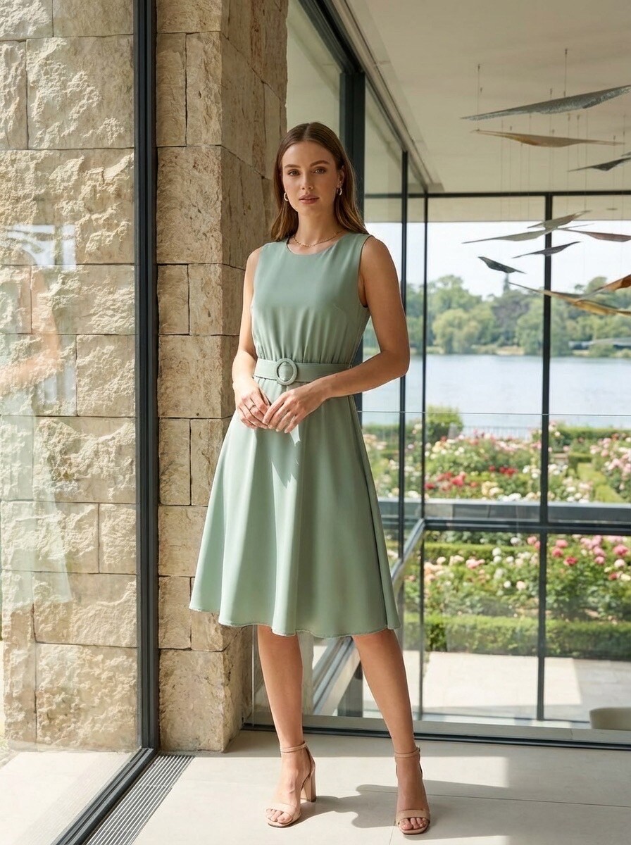 Grossiste LAFÉEROSE - Robe mi-longue fluide et évasée col rond sans manches avec ceinture - chic