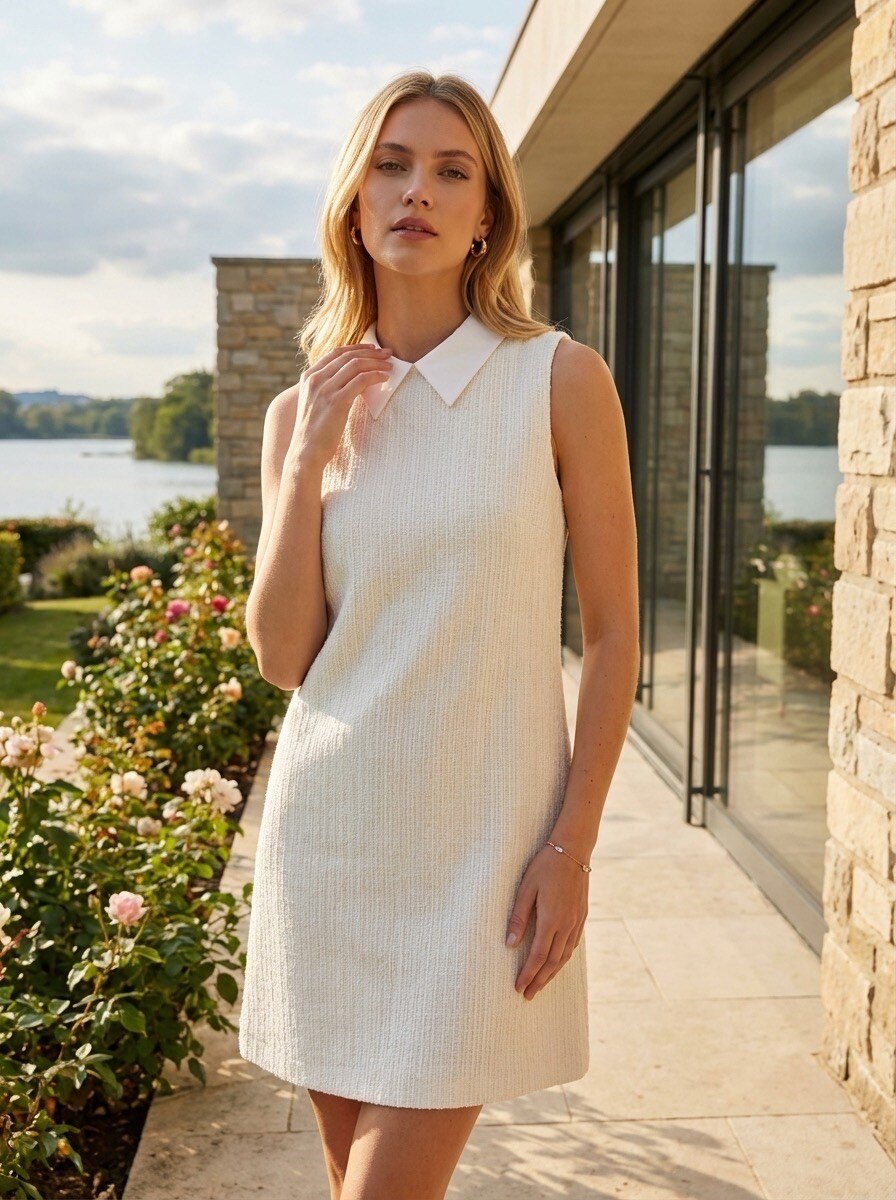 Grossiste LAFÉEROSE - Robe mi-longue en tweed coton à col chemisier sans manches coupe droite