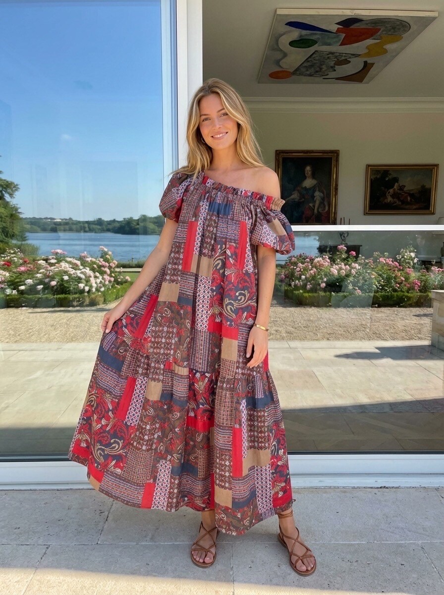Wholesaler LAFÉEROSE - Maxi Patchwork Cotton Dress - Bohemian Style with Lining