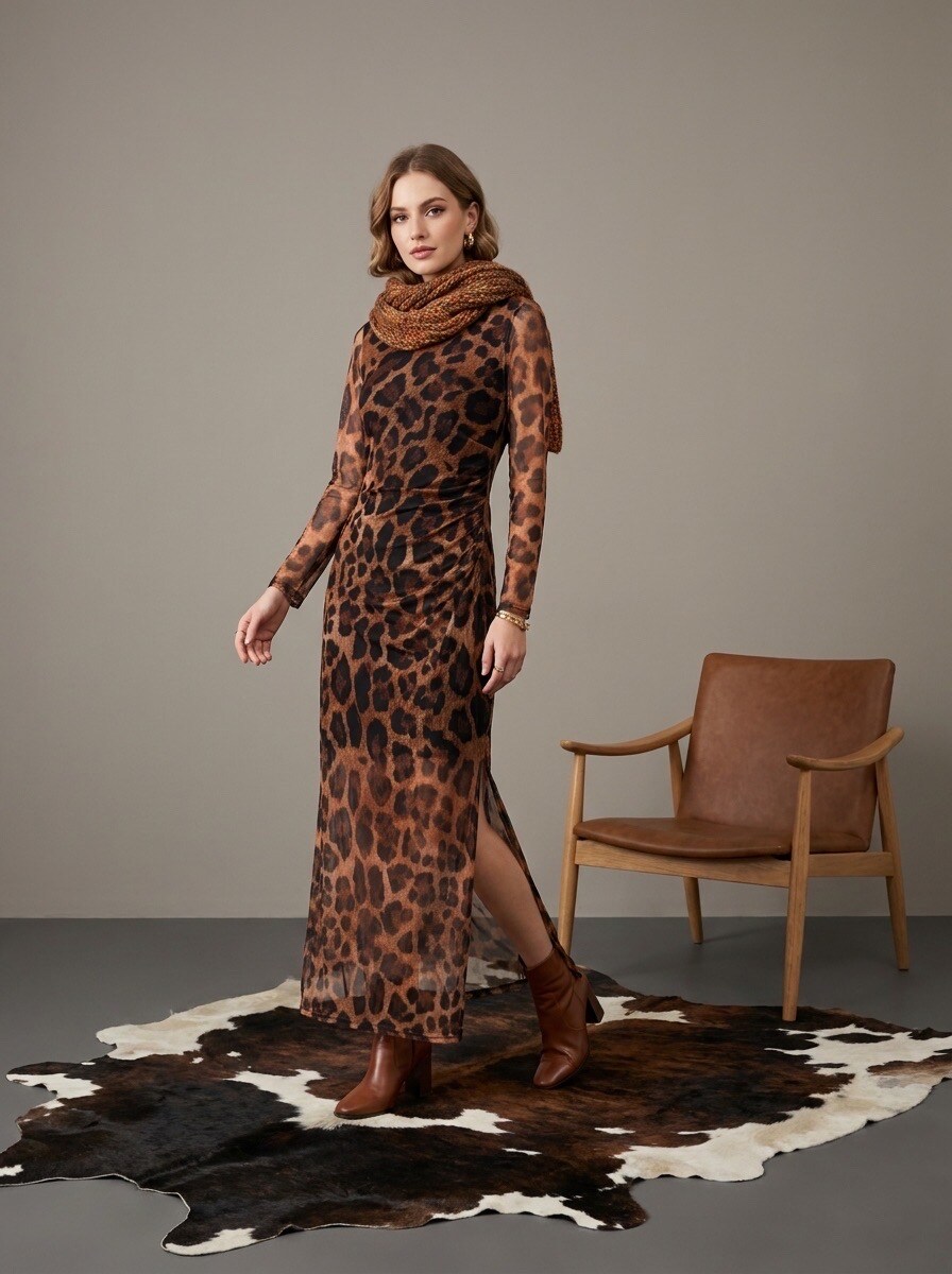 Großhändler LAFÉEROSE - LANGES, figurbetontes KLEID MIT LEOPARDENPRINT, LANGÄRMEL, NEUER TREND