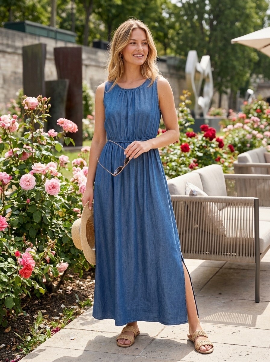 Großhändler LAFÉEROSE - Ärmelloses Maxikleid aus elastischem, fließendem Denim