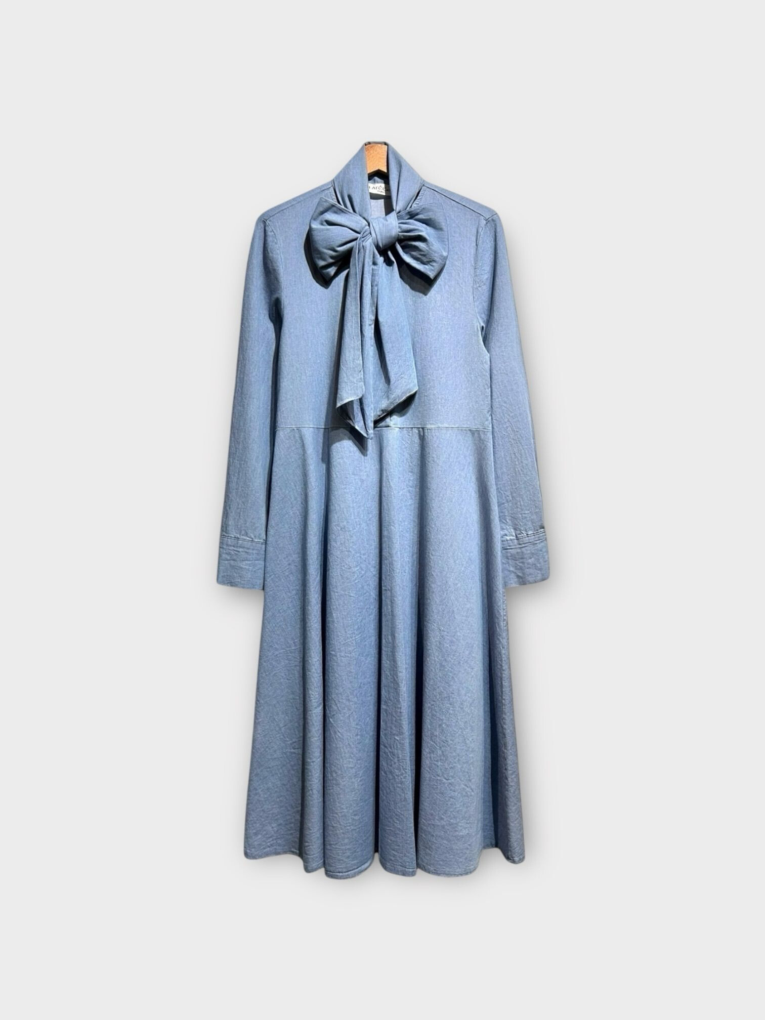 Wholesaler LAFÉEROSE - Long cotton dress denim flexible with lavallie cervix knots bohemian style