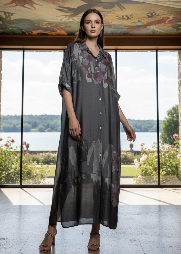 Grossiste LAFÉEROSE - Robe Chemise Longue Satinée - Imprimé Floral Abstrait