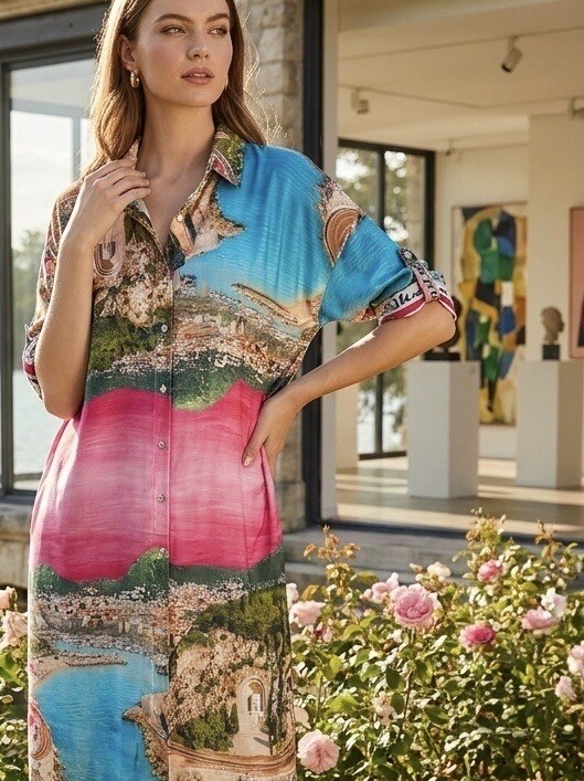 Mayorista LAFÉEROSE - Vestido Camisero Largo con Estampado Riviera Niza Francia
