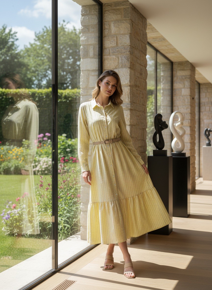Mayorista LAFÉEROSE - Vestido a rayas largas con mangas largas con un cinturón elegante