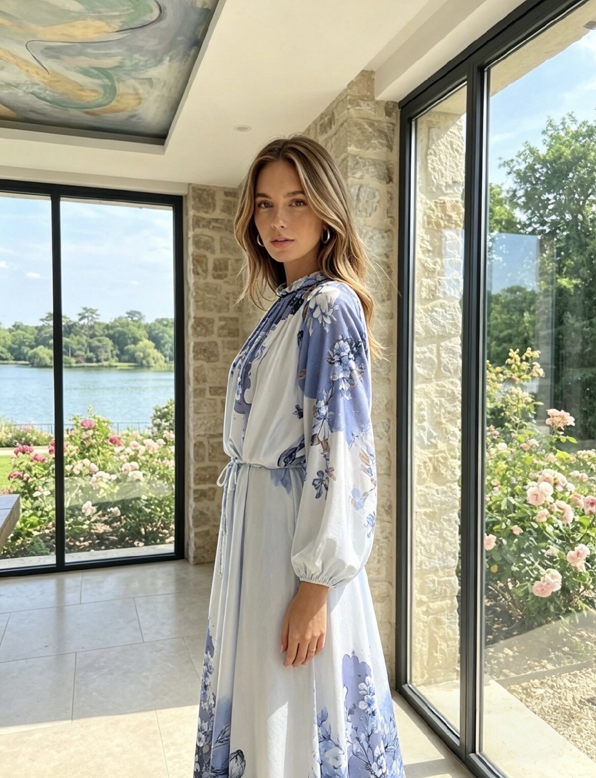 Grossiste LAFÉEROSE - Robe longue 100% viscose fluide satiné imprimé fleurs et papillons - romantiqu