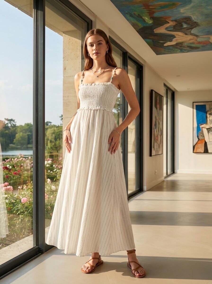 Grossiste LAFÉEROSE - Robe longue maxi fluide et très évasée en rayon à rayures bohème chic - doublée