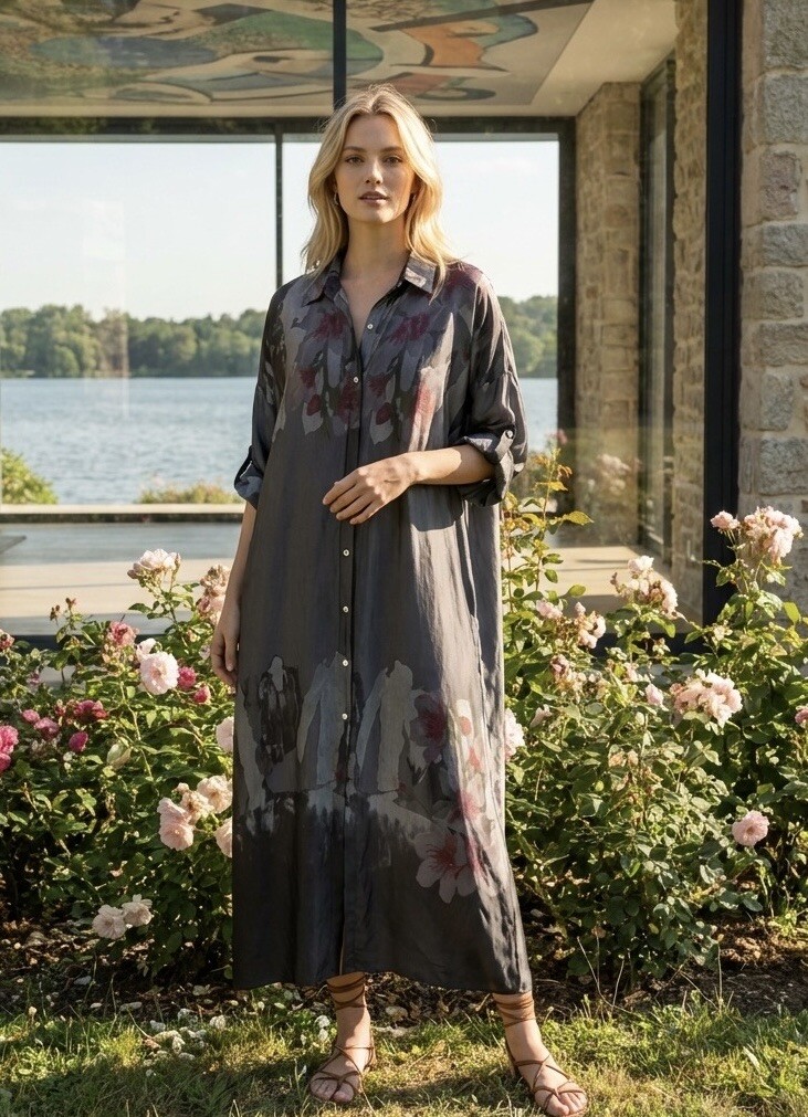 Grossiste LAFÉEROSE - Robe Chemise Longue Satinée - Imprimé Floral Abstrait