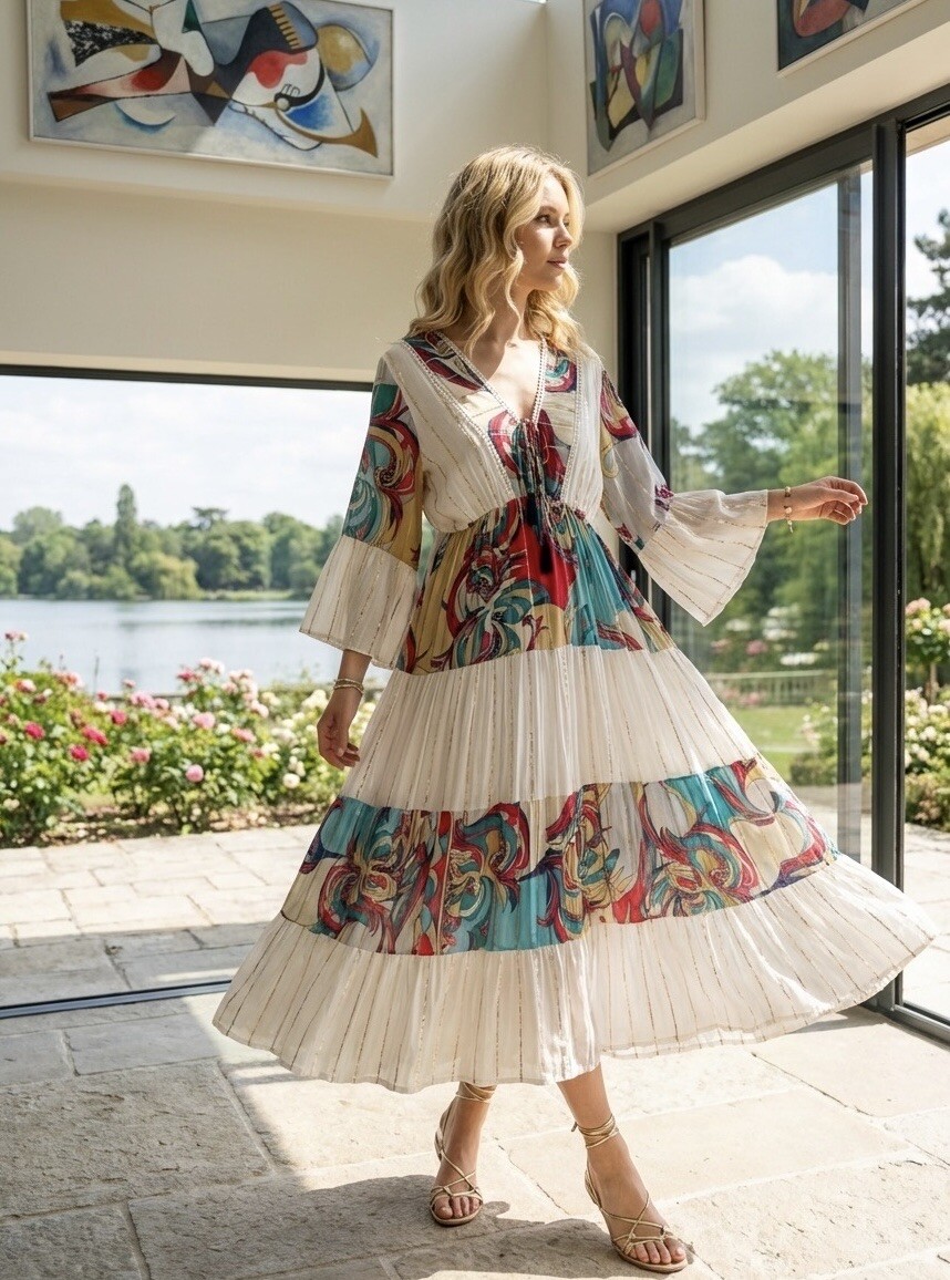 Grossiste LAFÉEROSE - Robe longue maxi en viscose avec noeuds à imprimé bohème chic plage