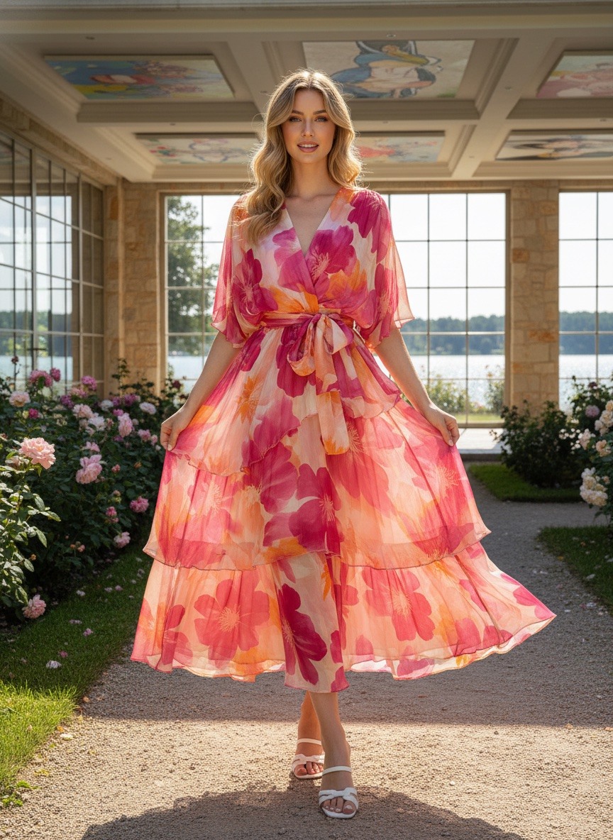 Grossiste LAFÉEROSE - Robe Longue Fluide en Soie Mélangée – Imprimé Floral Bohème Chic