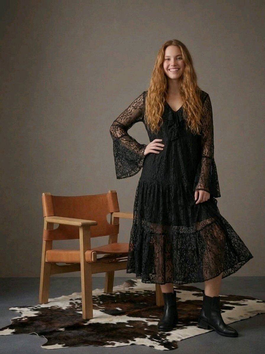 Grossiste LAFÉEROSE - Robe mi-longue fluide en dentelle col V avec doublure en viscose
