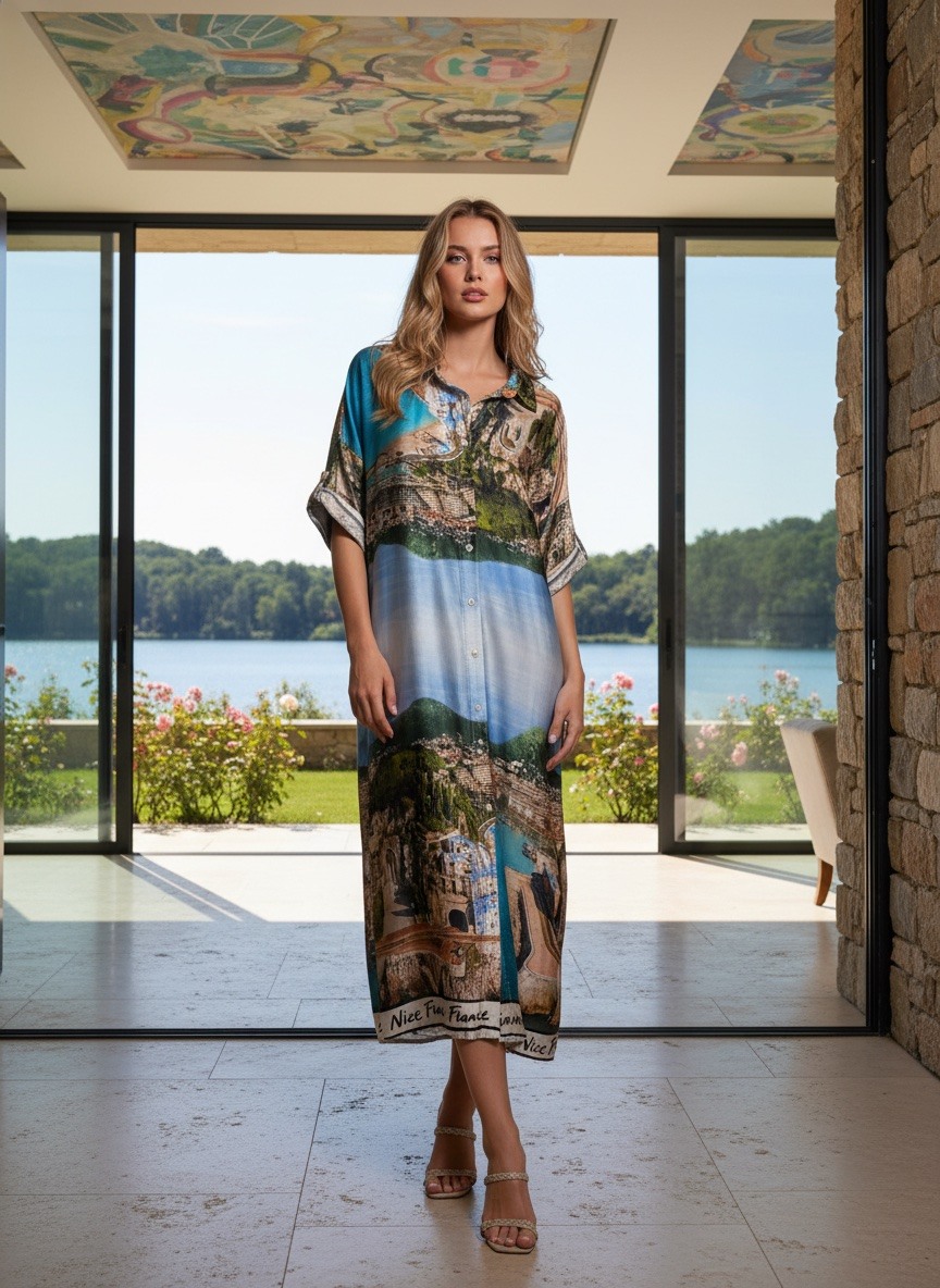 Großhändler LAFÉEROSE - Langes Hemdkleid mit Riviera-Print Nizza Frankreich