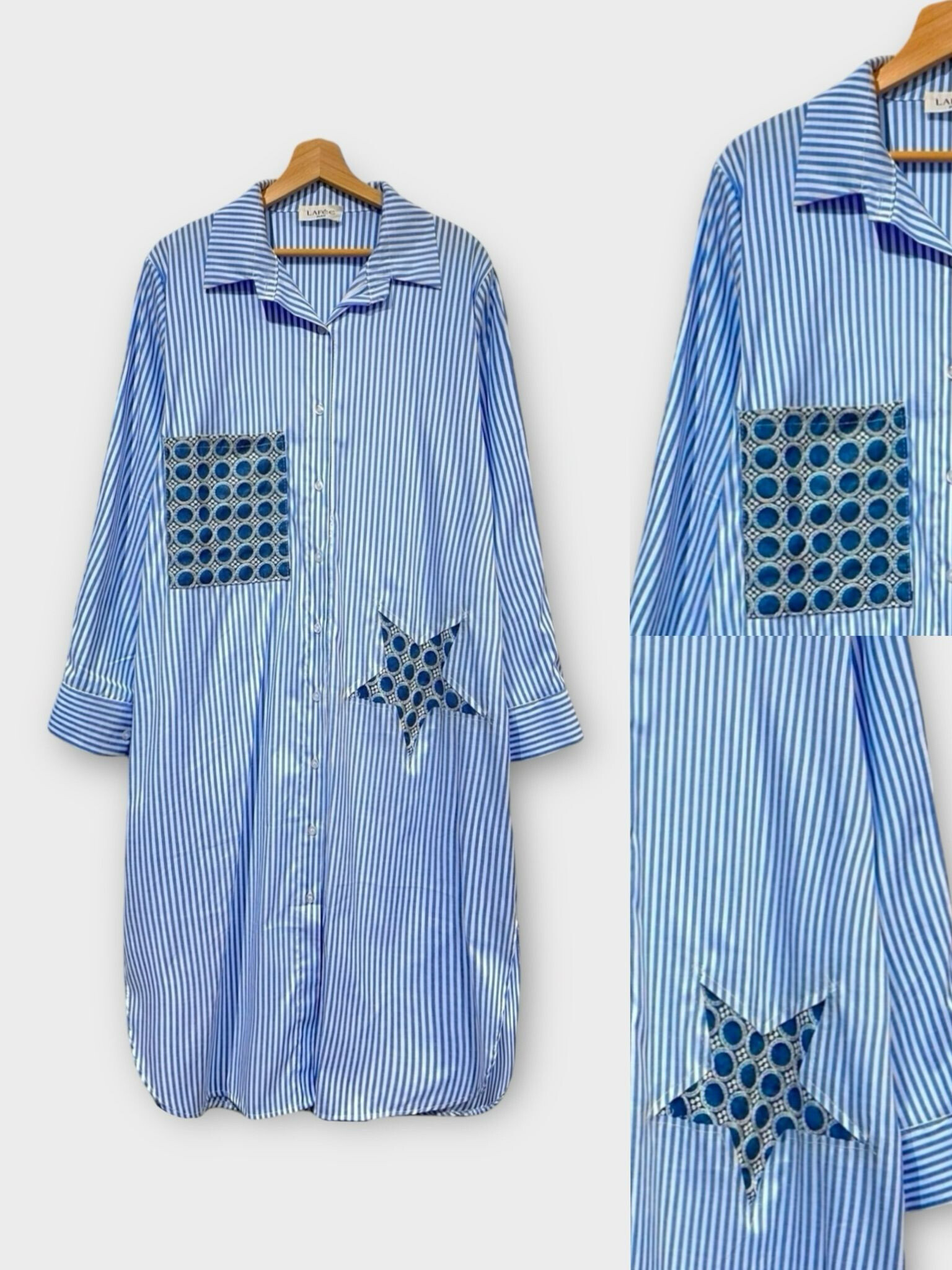 Mayorista LAFÉEROSE - Vestido camisero largo oversize de algodón a rayas con detalles bordados en denim