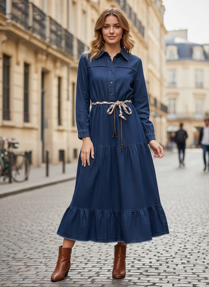 Grossiste LAFÉEROSE - Robe Longue en Jean avec Ceinture