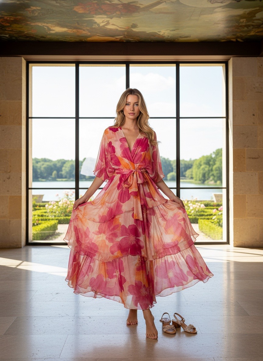 Wholesaler LAFÉEROSE - Flowy Long Dress in Silk Blend – Bohemian Chic Floral Print