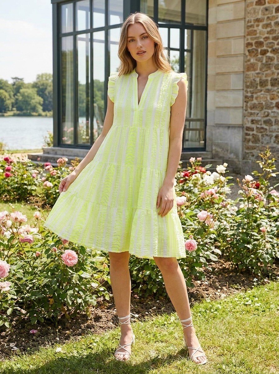 Grossiste LAFÉEROSE - Robe mi-longue en gaze de coton col V manches froncées - bohème