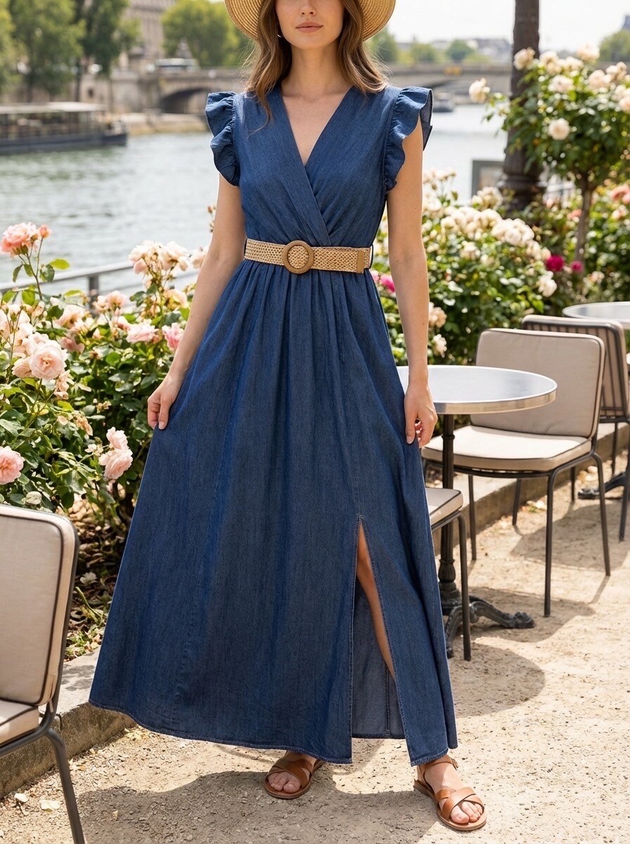 Mayorista LAFÉEROSE - Vestido largo cruzado con cinturón trenzado “Azur”