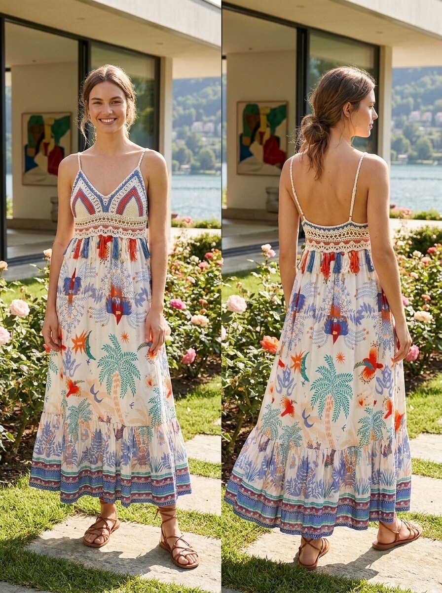 Grossiste LAFÉEROSE - Robe longue fluide en crochet et viscose à imprimé bohème