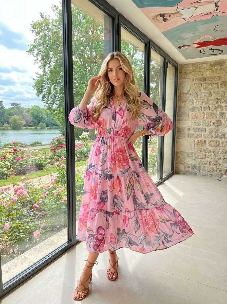 Mayorista LAFÉEROSE - Vestido de líquido largo en Tencel con bohemio elegante de flores elegantes Viscose Lining