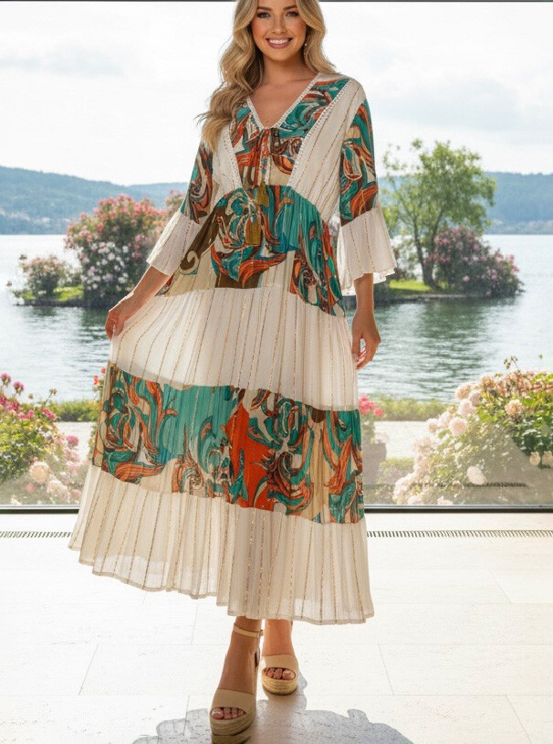 Wholesaler LAFÉEROSE - Long maximum dress in viscose with knots with bohemian chic beach print