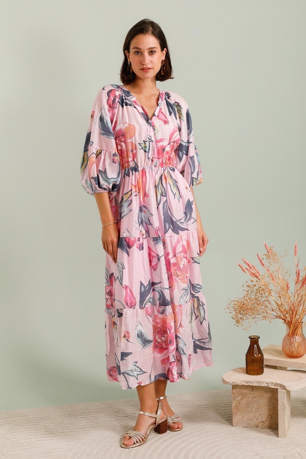 Wholesaler LAFÉEROSE - Long Fluid Dress in Tencel with Bohemian Chic Flowers Print Viscose lining