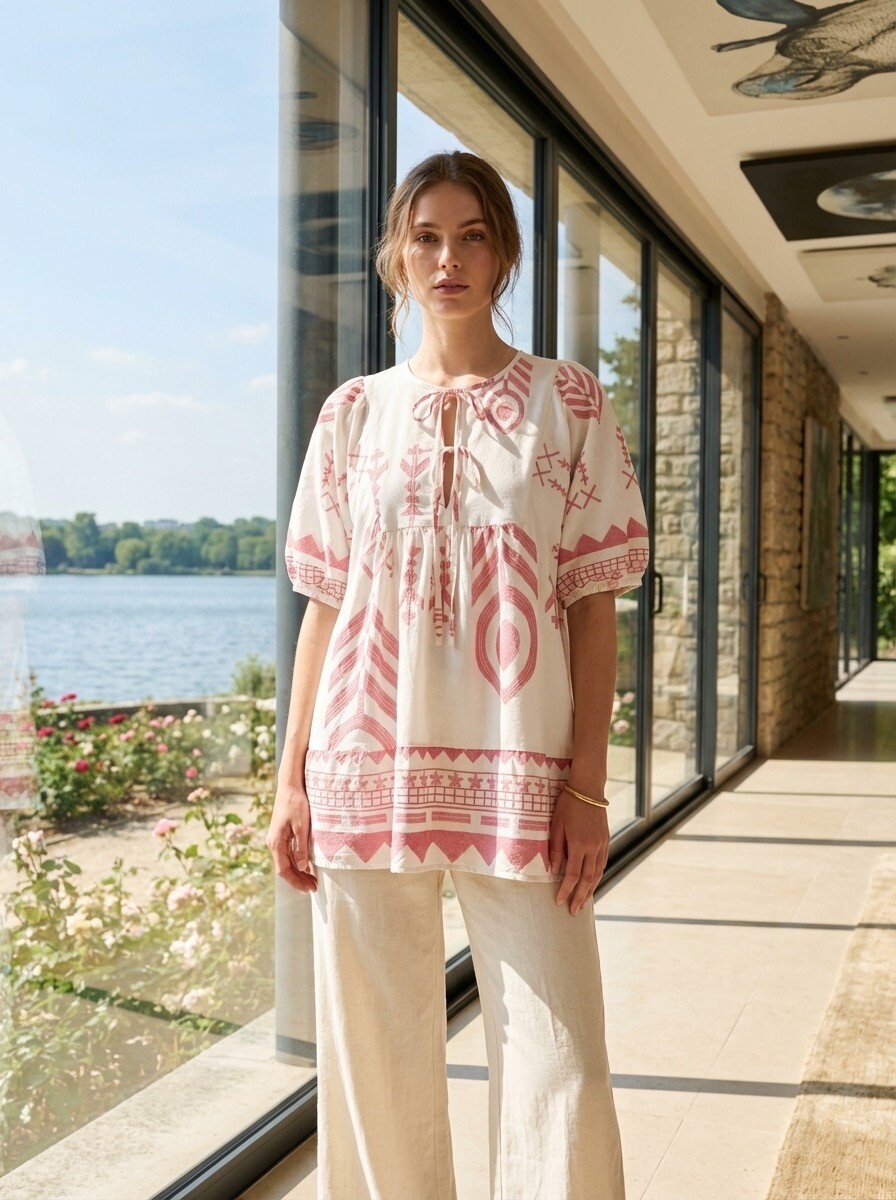 Grossiste LAFÉEROSE - Robe mi-longue en coton style bohème popeline ample manches courtes bouffantes