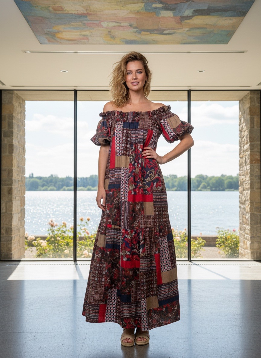 Grossiste LAFÉEROSE - Robe en coton Maxi Patchwork - Style Bohème avec doublure