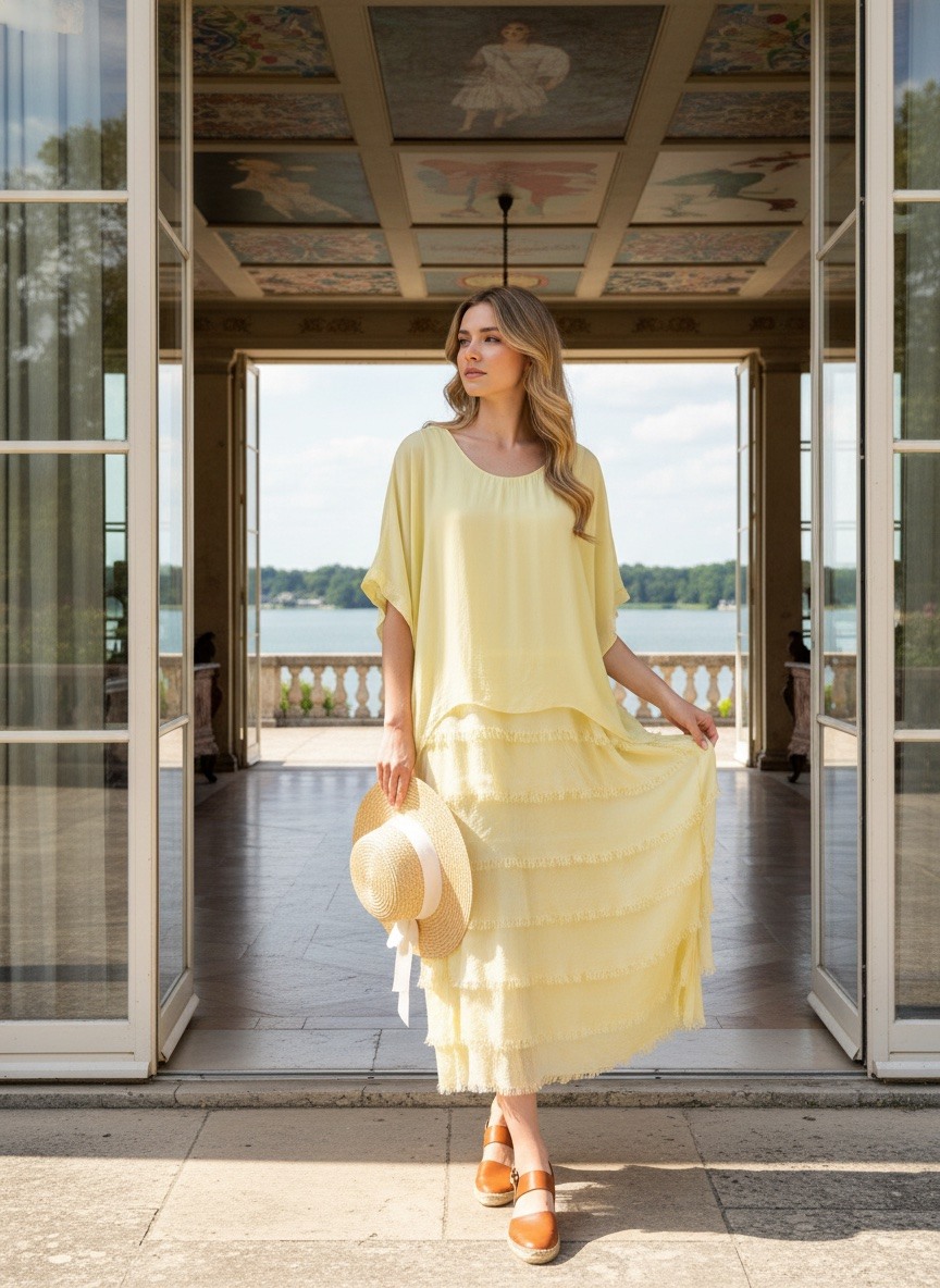 Grossista LAFÉEROSE - Abito Tunica Bimateriale con Volant Sfilacciati
