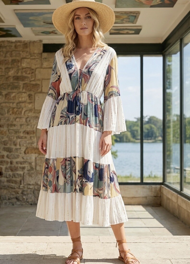 Grossiste LAFÉEROSE - Robe longue maxi en viscose avec noeuds à imprimé bohème chic plage