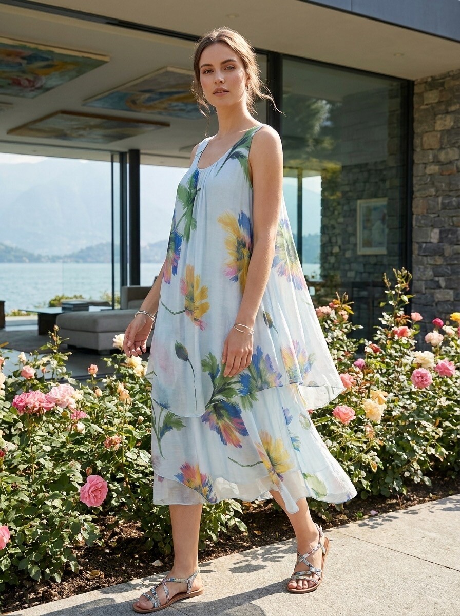 Wholesaler LAFÉEROSE - ASYMMETRICAL SLEEVELESS DRESS WITH FLORAL PRINT