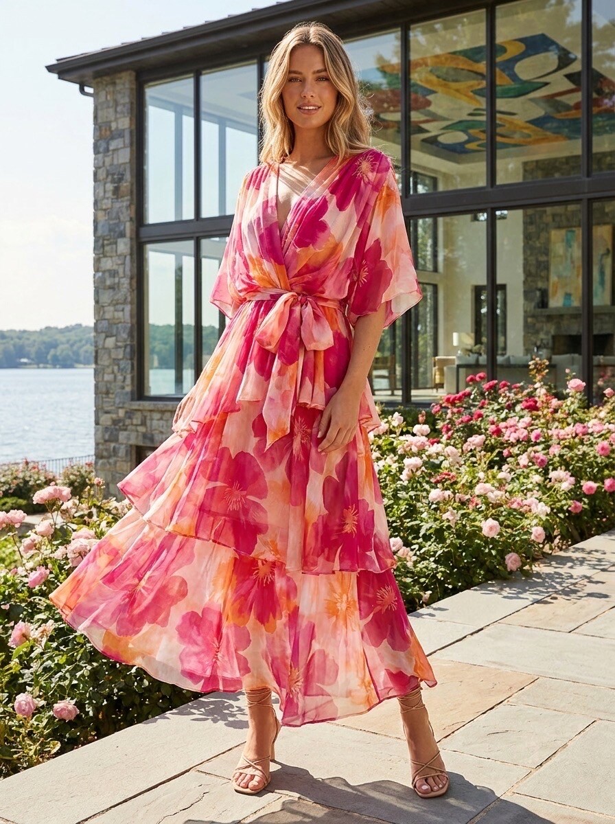 Grossiste LAFÉEROSE - Robe Longue Fluide en Soie Mélangée – Imprimé Floral Bohème Chic