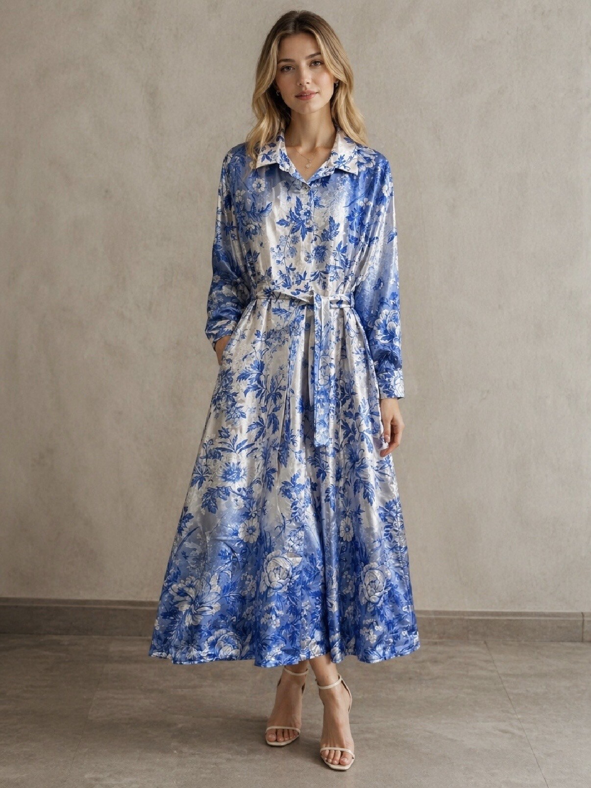 Mayorista LAFÉEROSE - Vestido fluido de fluido llave larga y estampado de satén Fleuri - elegante elegante