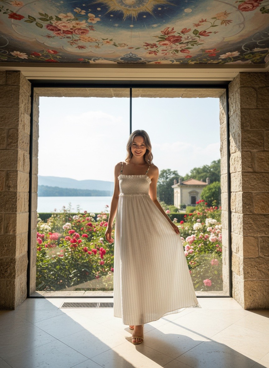 Großhändler LAFÉEROSE - Flüssiges langes und sehr ausgestattetes langes Kleid im Regal mit böhmischen Chic Stripes - verdoppelt
