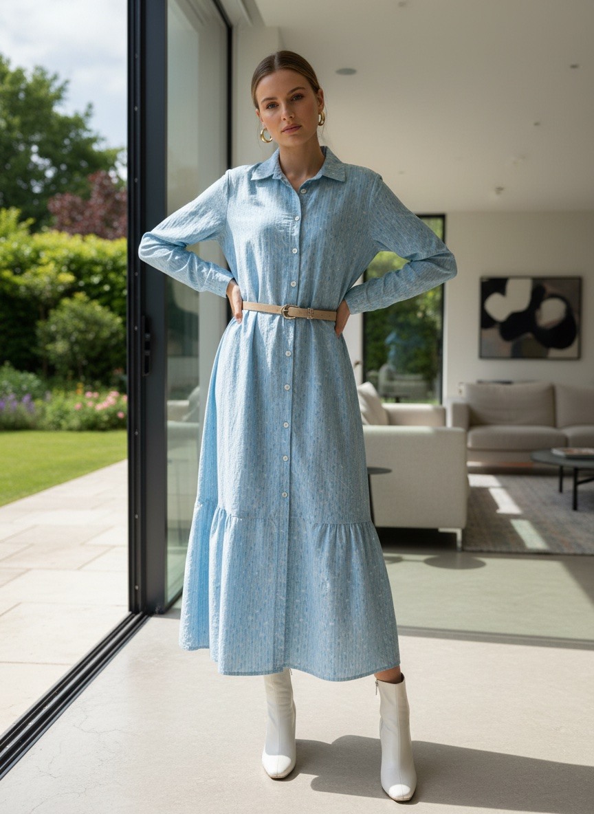 Grossiste LAFÉEROSE - Robe longue à rayures-pois en coton manches longues à ceinture chic-bohème