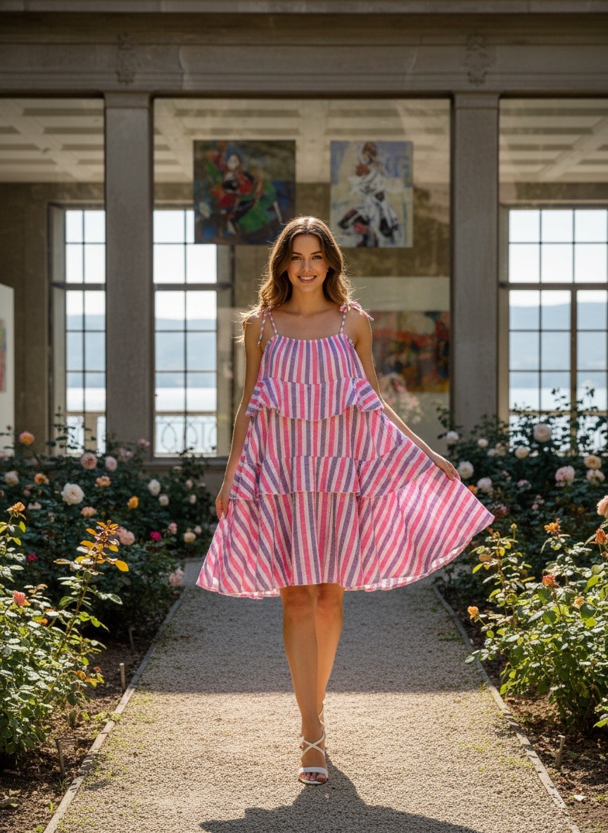 Grossiste LAFÉEROSE - Robe mi-longue en gaze de coton imprimé rayures - bohème
