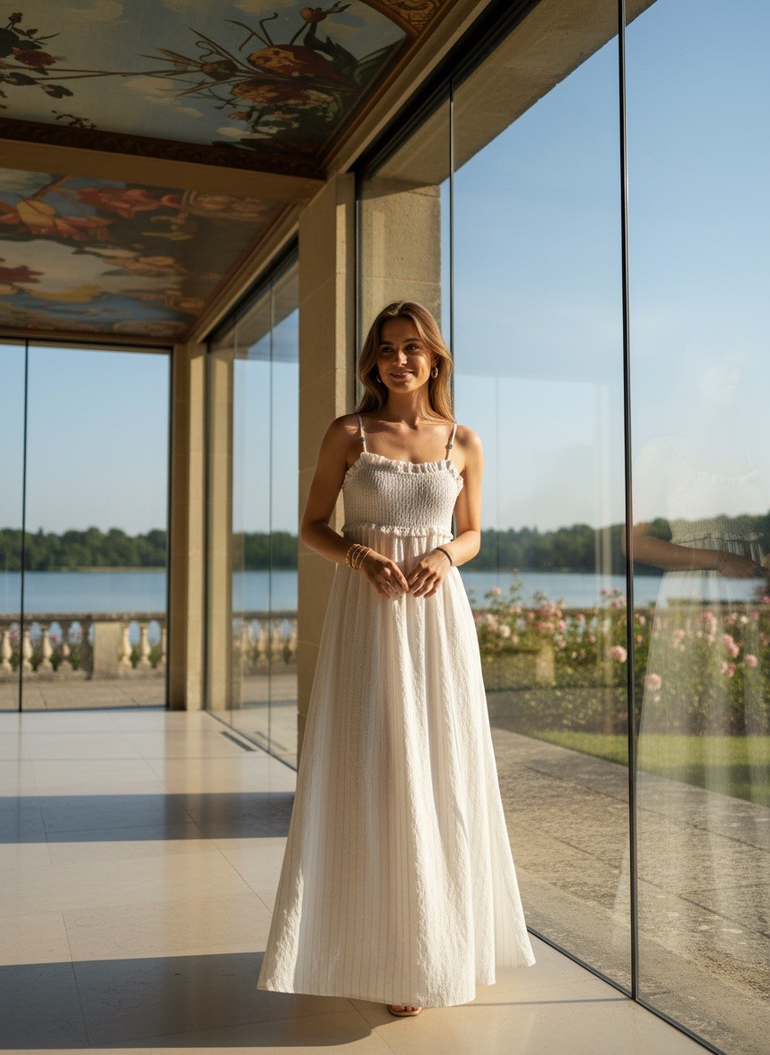 Mayorista LAFÉEROSE - Vestido largo de fluido y muy acampanado en el estante con rayas chic bohemias - duplicado