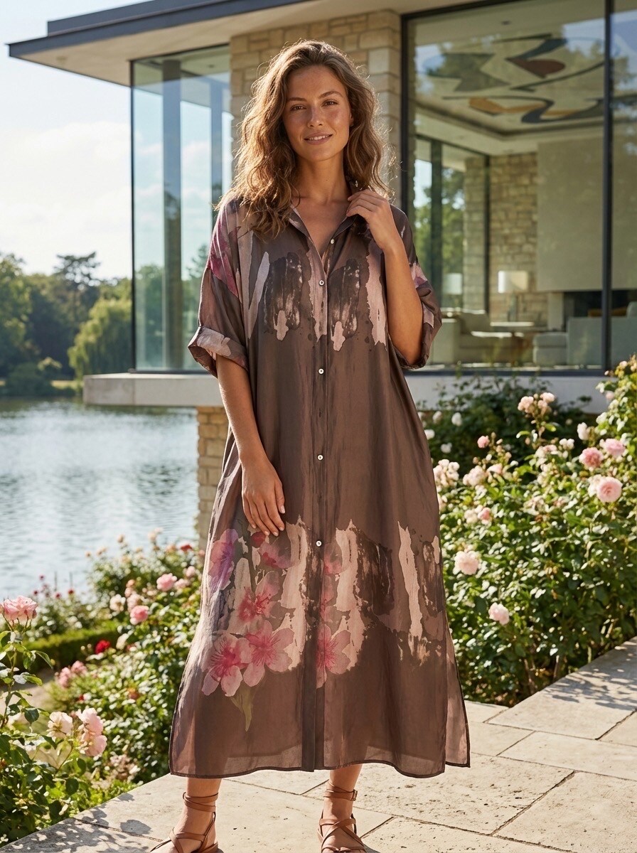 Long Satin Shirt Dress - Abstract Floral Print | Paris Fashion Shops