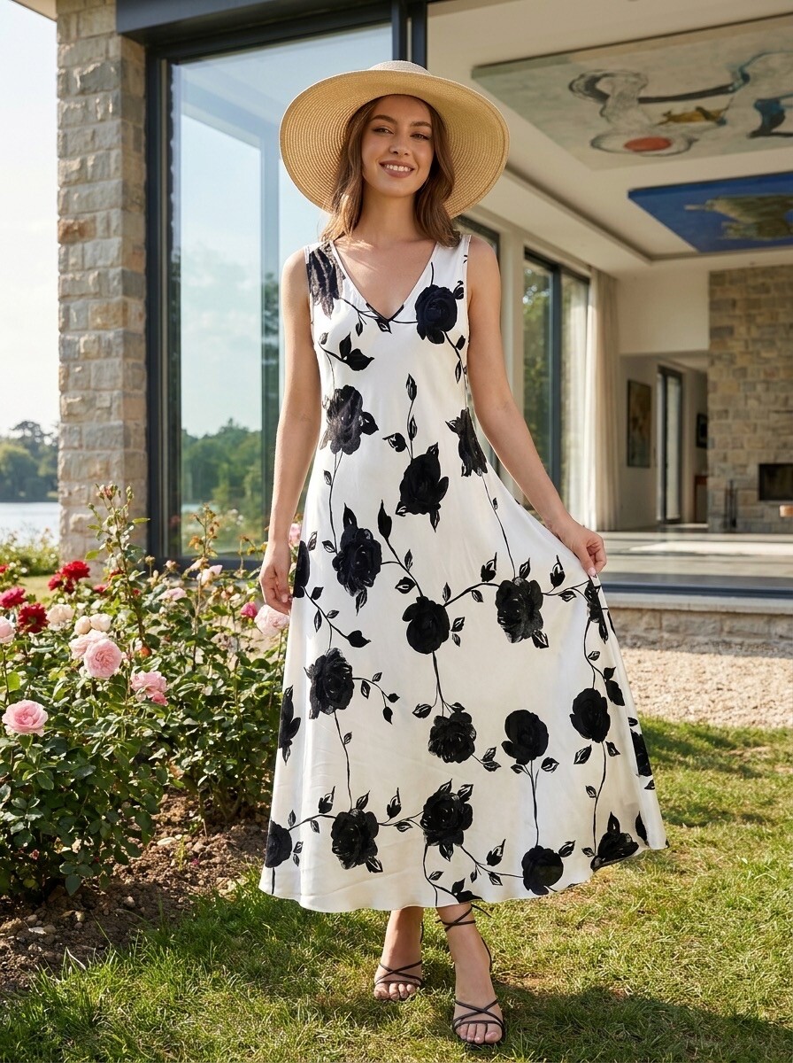 Grossiste LAFÉEROSE - Robe longue 100% viscose fluide évasée col V sans manches imprimé fleurs sati