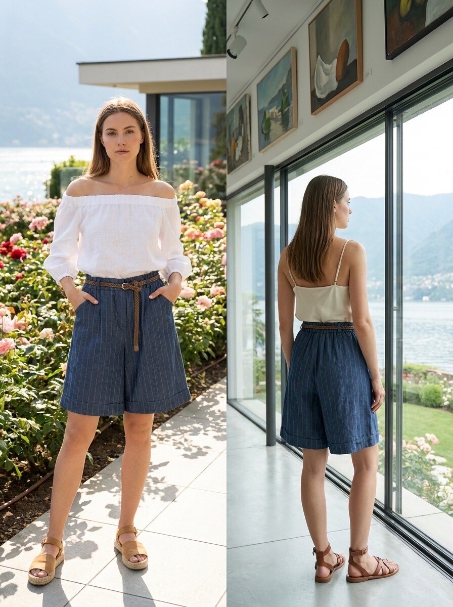 Wholesaler LAFÉEROSE - Striped Stretch Cotton Bermuda Shorts with Braided Belt