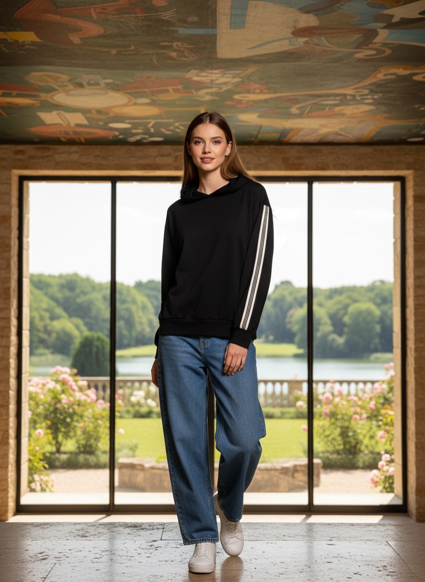 Grossiste LAFÉEROSE - Top Pull Sweat à capuche en coton à détail strass et bandes rayures