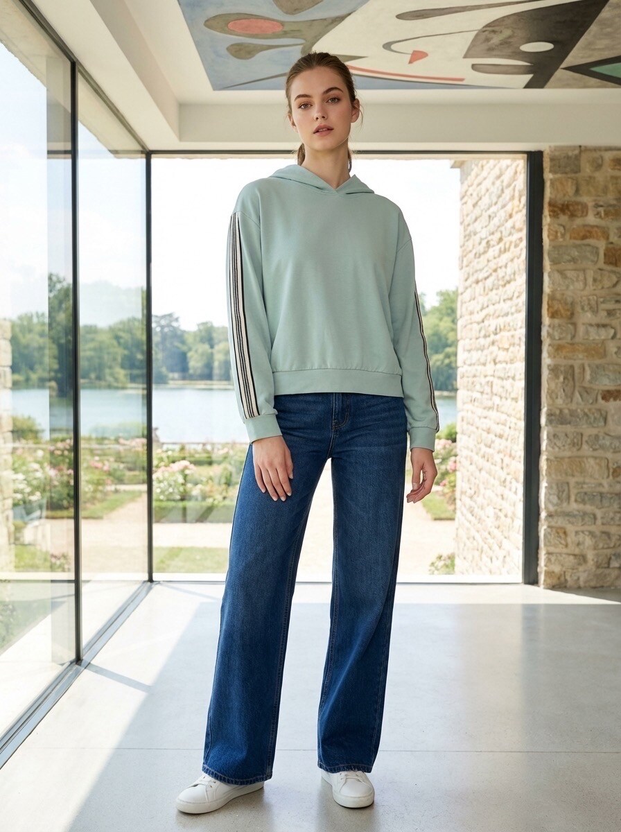 Grossiste LAFÉEROSE - Top Pull Sweat à capuche en coton à détail strass et bandes rayures