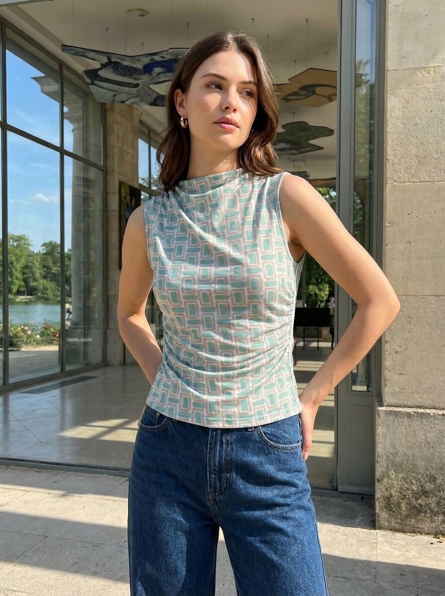 Grossiste LAFÉEROSE - Top fluide moulant stretch drapé sans manches à imprimé