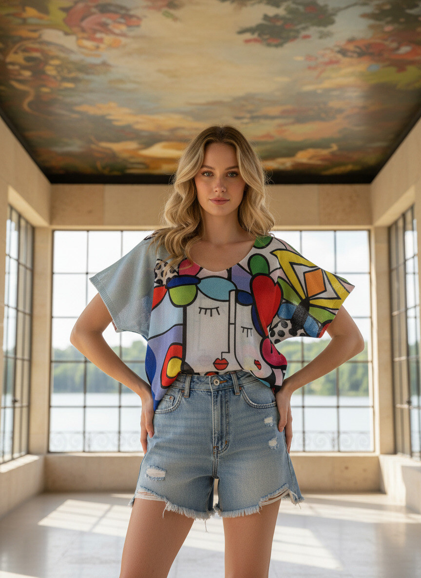 Grossiste LAFÉEROSE - Top Tshirt très fin en viscose fluide col V manches courtes à imprimé casual